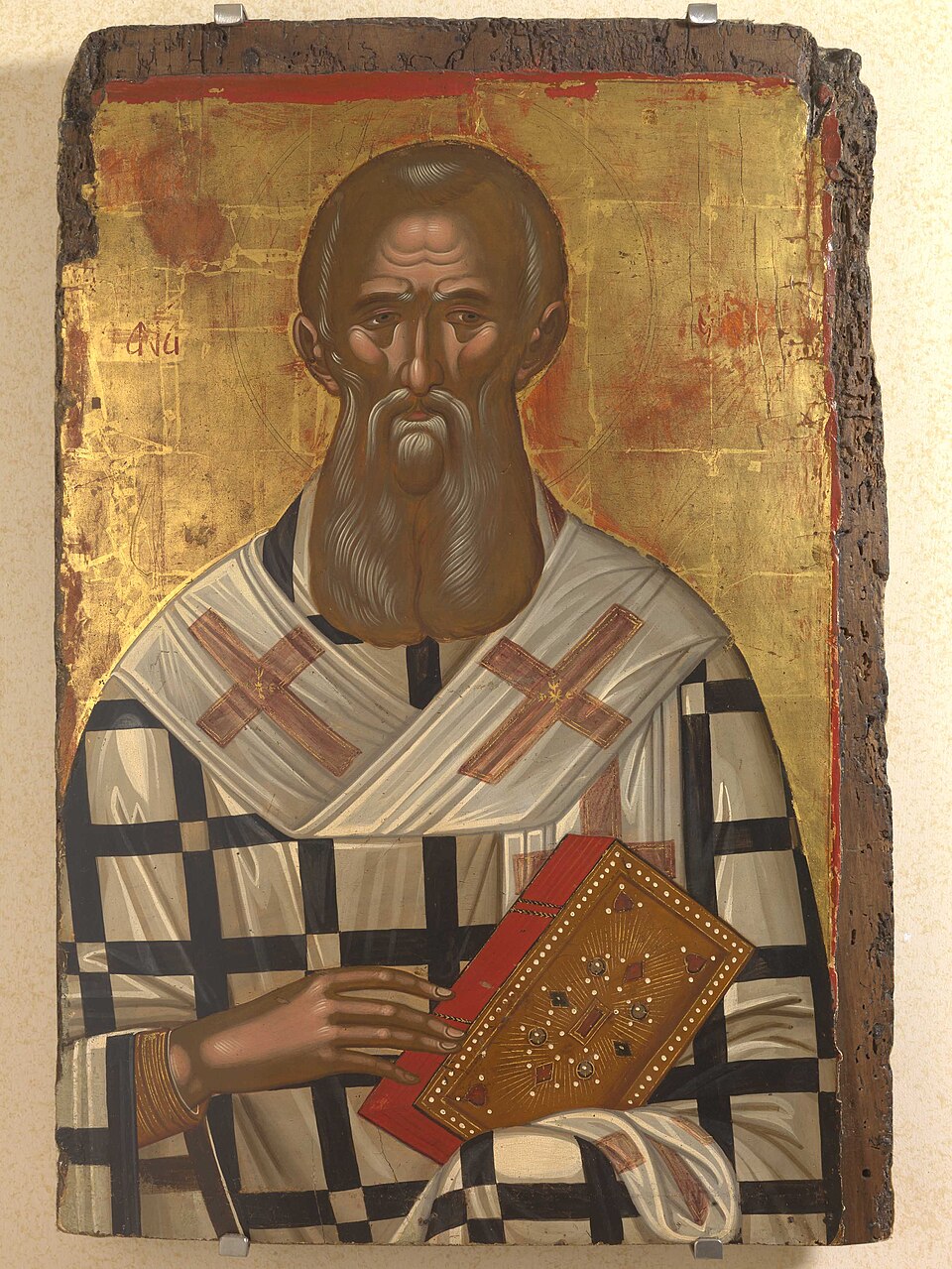 Ikone des heiligen Athanasius von Alexandrien als Bischof mit dem Evangelienbuch, von Michael Damaskenos (16. Jahrhundert)