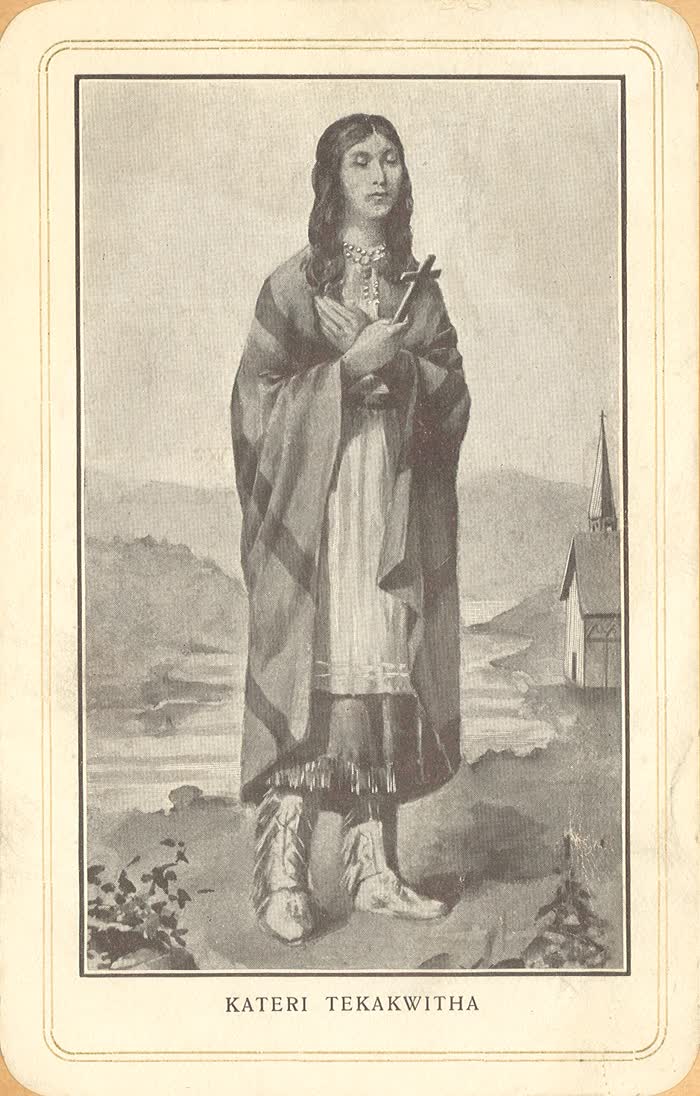 Andachtsbild der heiligen Kateri Tekakwitha mit Kreuz, um 1900